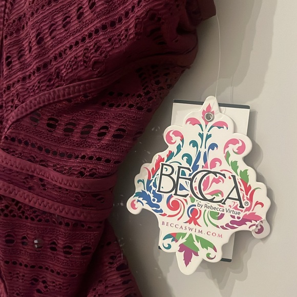 Becca Color Play One Piece Swimsuit, Plunge Neck, crochet, Plum, Size Small - Picture 6 of 6